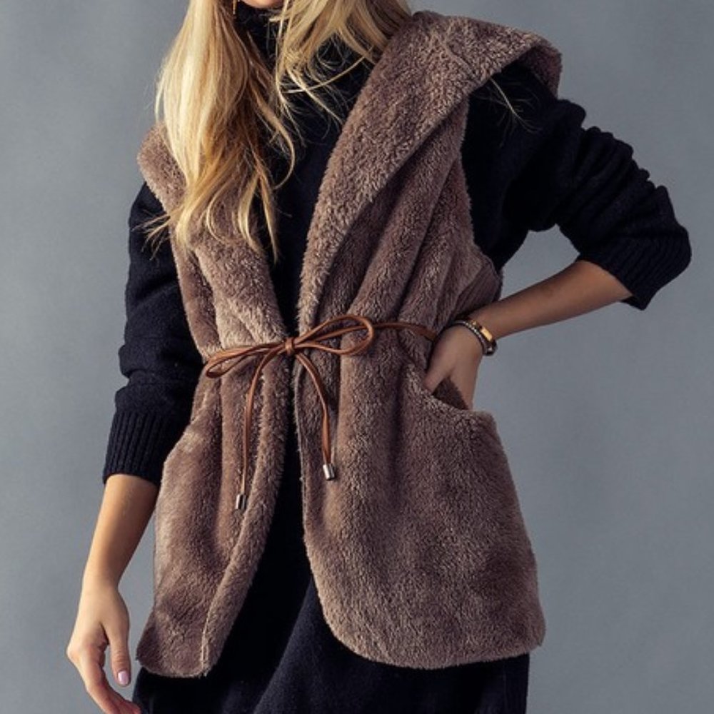 Faux Fur Hooded Vest With Pockets